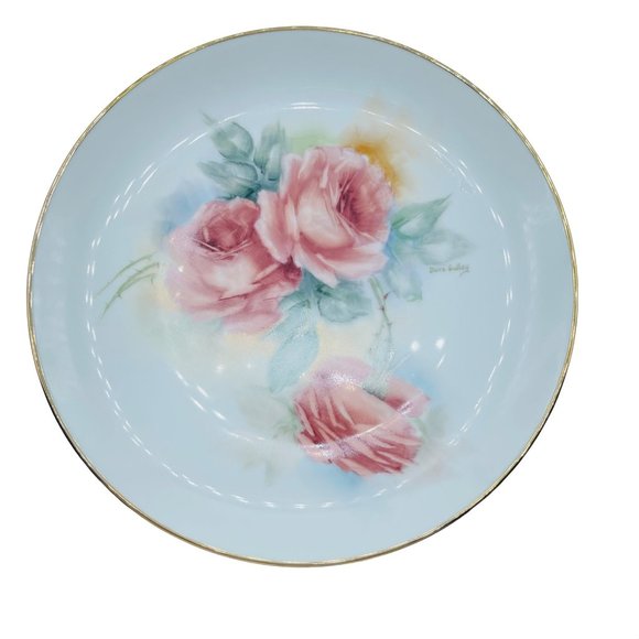 Dora Gulley Other - HAND PAINTED GOLD TRIM CABINET PLATE WITH PINK ROSES ARTIST SIGNED- DORA GULLEY